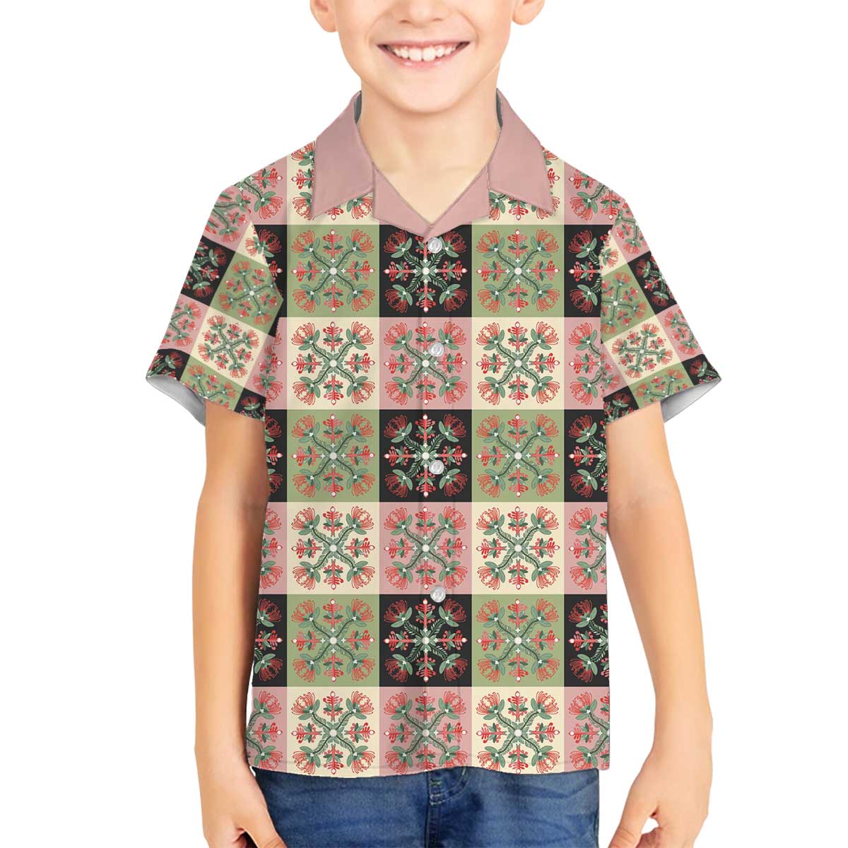 Seamless Pattern Pikake Lei Family Matching Off The Shoulder Long Sleeve Dress and Hawaiian Shirt Floral Squares Pikake - Polynesian Pride