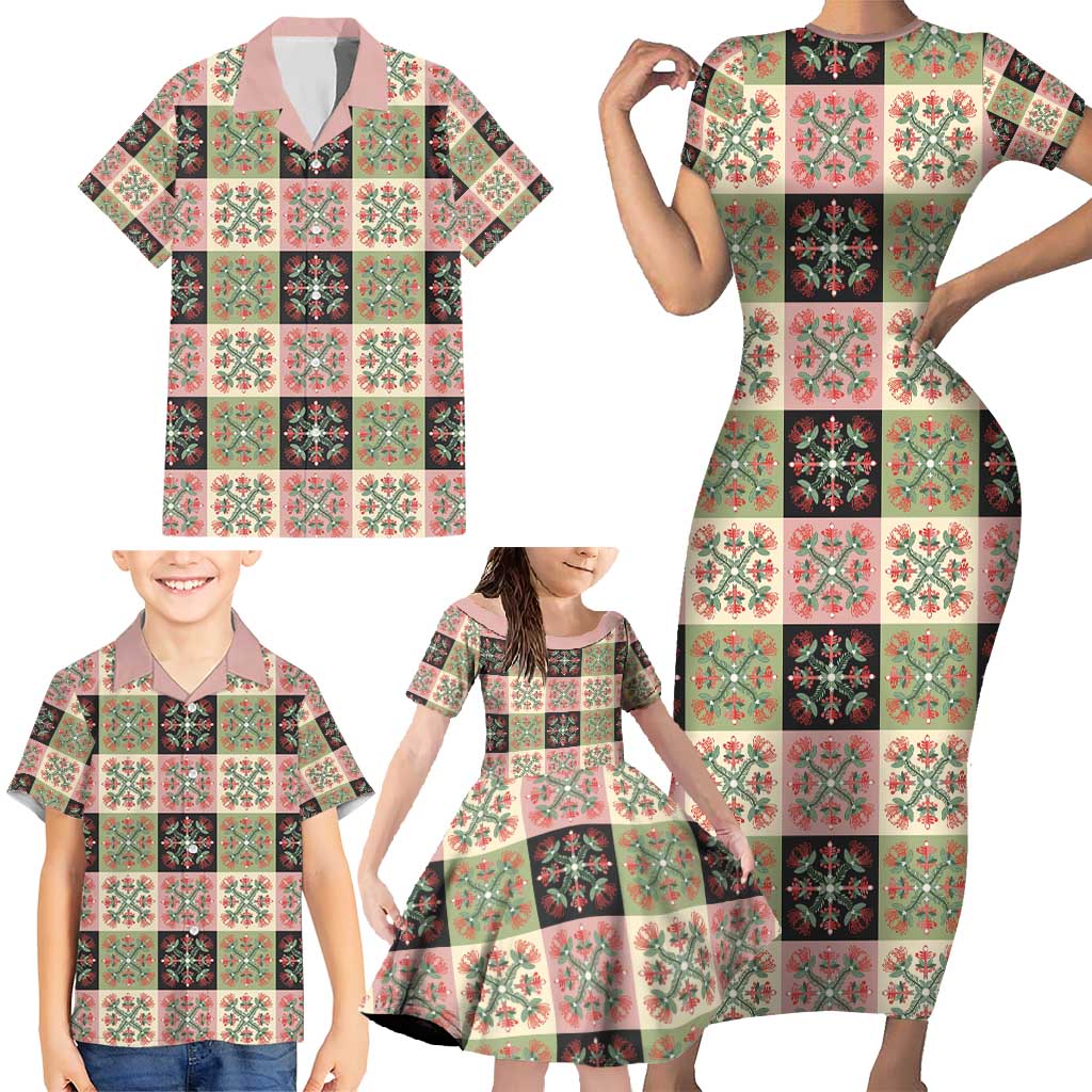 Seamless Pattern Pikake Lei Family Matching Short Sleeve Bodycon Dress and Hawaiian Shirt Floral Squares Pikake - Polynesian Pride