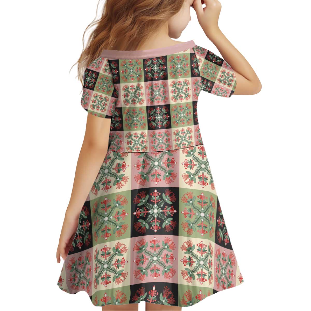 Seamless Pattern Pikake Lei Kid Short Sleeve Dress Floral Squares Pikake - Polynesian Pride