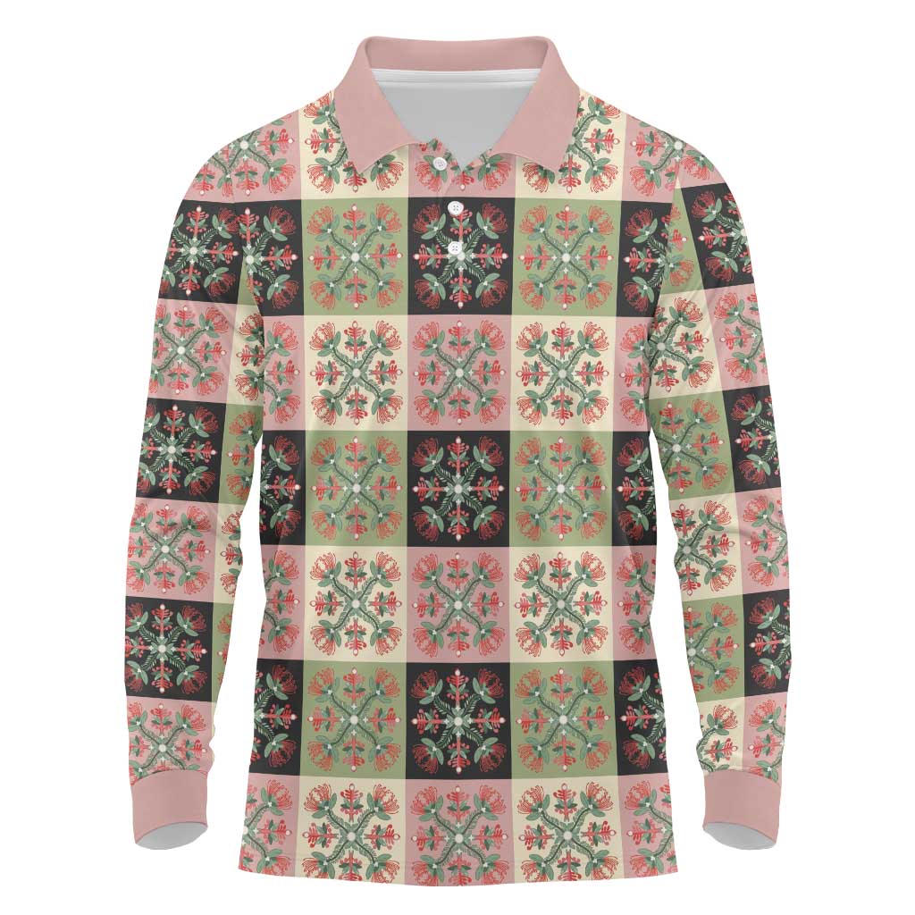 Seamless Pattern Pikake Lei Long Sleeve Polo Shirt Floral Squares Pikake - Polynesian Pride