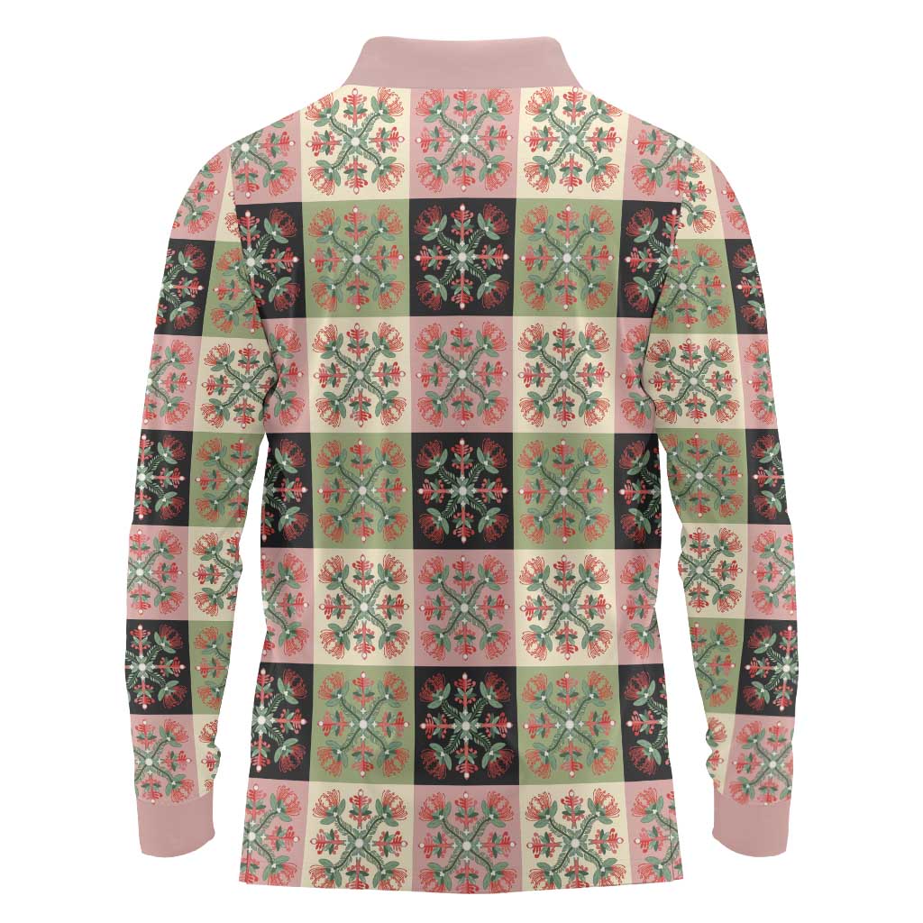 Seamless Pattern Pikake Lei Long Sleeve Polo Shirt Floral Squares Pikake - Polynesian Pride