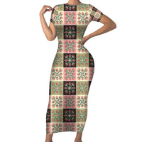 Seamless Pattern Pikake Lei Short Sleeve Bodycon Dress Floral Squares Pikake - Polynesian Pride