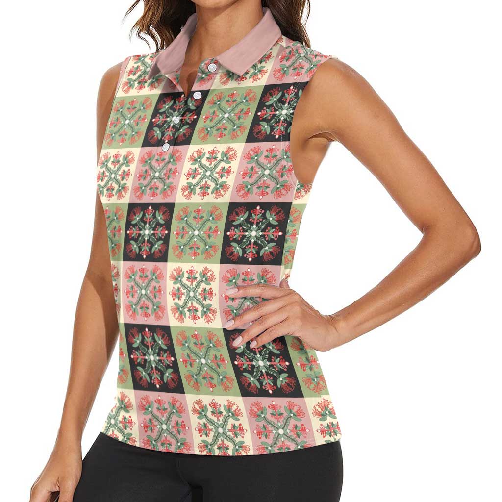Seamless Pattern Pikake Lei Women Sleeveless Polo Shirt Floral Squares Pikake - Polynesian Pride