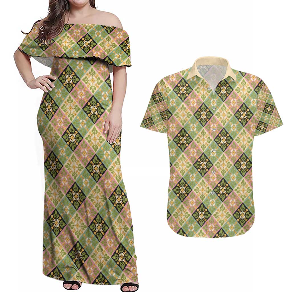 Seamless Pattern Puakenikeni and Kalo Couples Matching Off Shoulder Maxi Dress and Hawaiian Shirt - Polynesian Pride