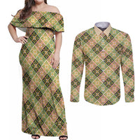Seamless Pattern Puakenikeni and Kalo Couples Matching Off Shoulder Maxi Dress and Long Sleeve Button Shirt - Polynesian Pride