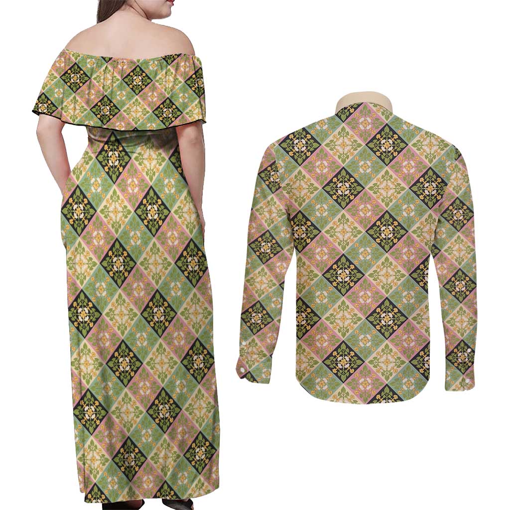 Seamless Pattern Puakenikeni and Kalo Couples Matching Off Shoulder Maxi Dress and Long Sleeve Button Shirt - Polynesian Pride