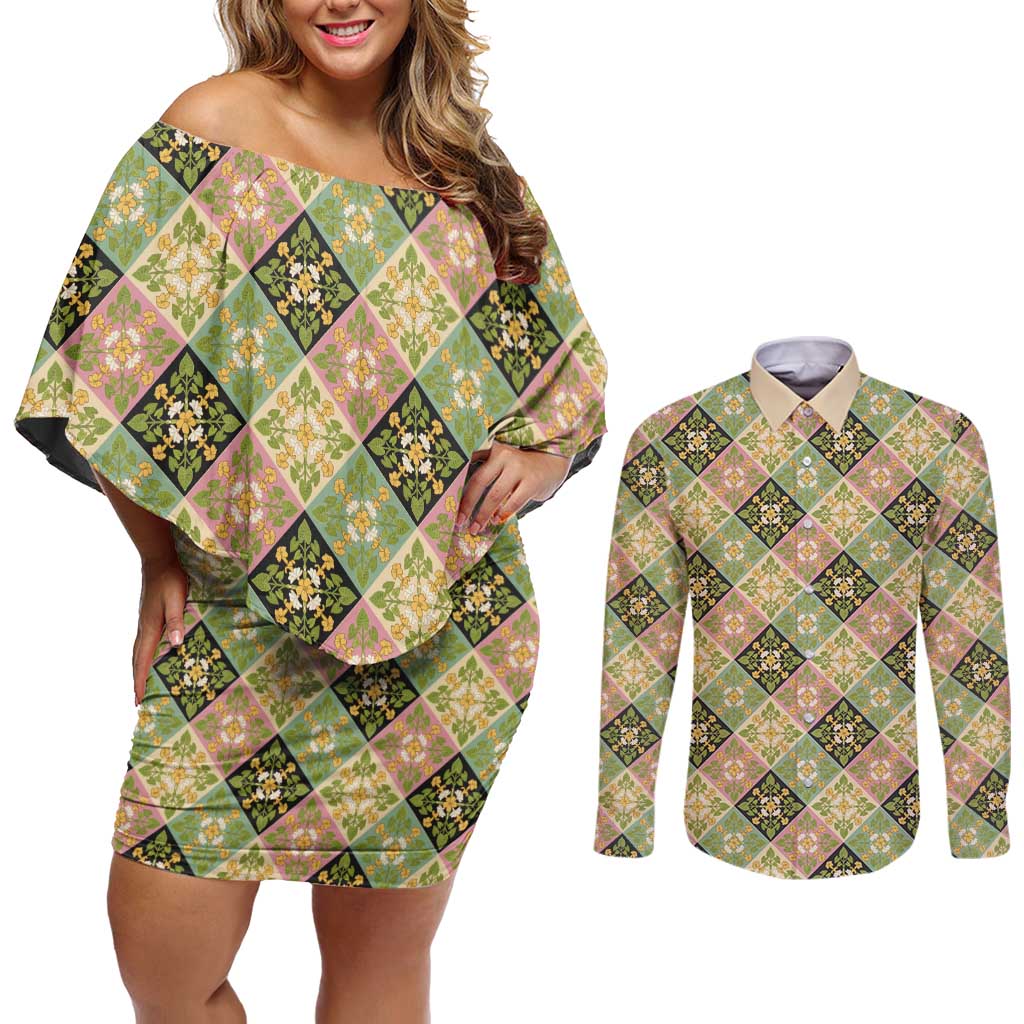 Seamless Pattern Puakenikeni and Kalo Couples Matching Off Shoulder Short Dress and Long Sleeve Button Shirt - Polynesian Pride