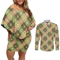 Seamless Pattern Puakenikeni and Kalo Couples Matching Off Shoulder Short Dress and Long Sleeve Button Shirt - Polynesian Pride