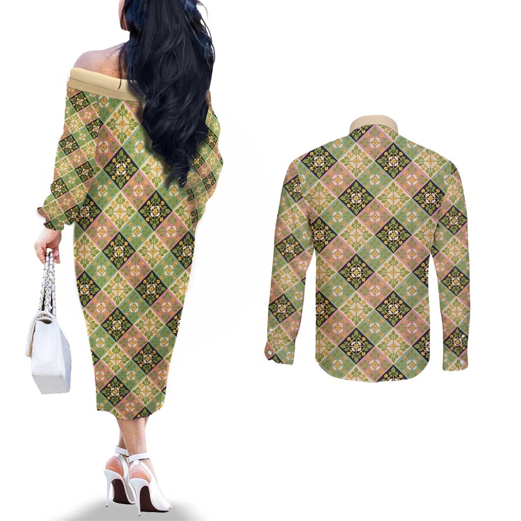 Seamless Pattern Puakenikeni and Kalo Couples Matching Off The Shoulder Long Sleeve Dress and Long Sleeve Button Shirt - Polynesian Pride