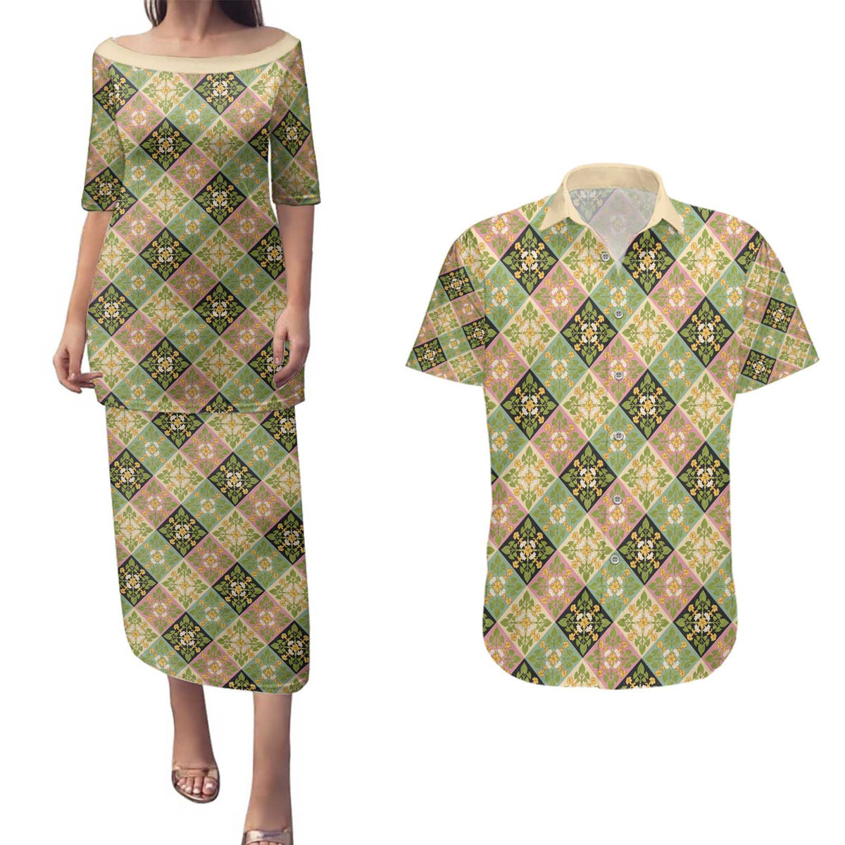 Seamless Pattern Puakenikeni and Kalo Couples Matching Puletasi and Hawaiian Shirt - Polynesian Pride