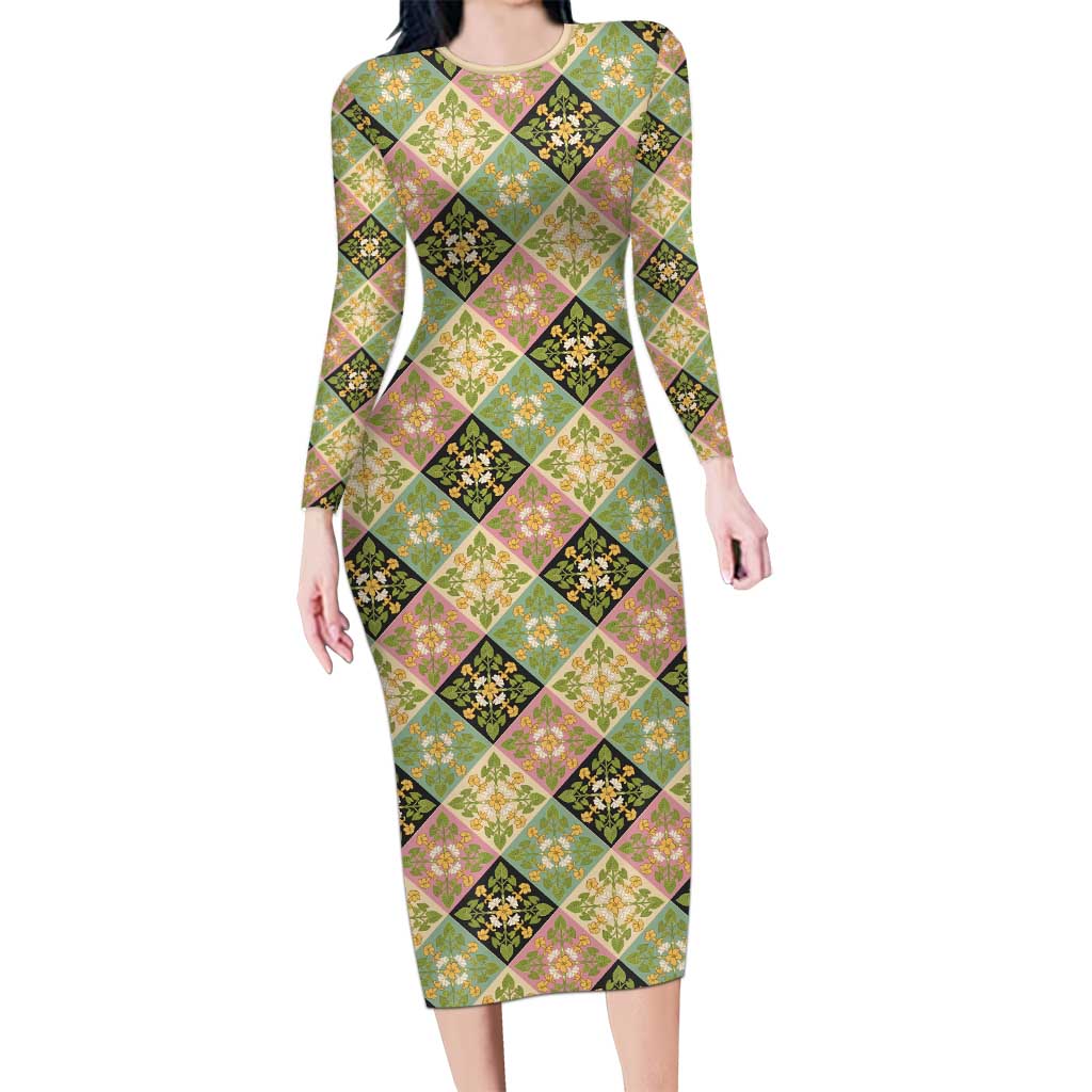 Seamless Pattern Puakenikeni and Kalo Family Matching Long Sleeve Bodycon Dress and Hawaiian Shirt - Polynesian Pride