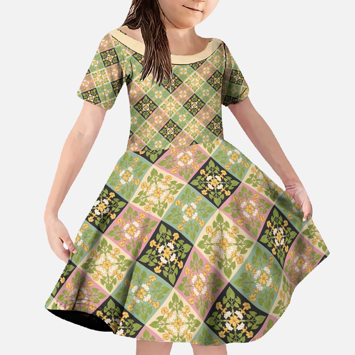 Seamless Pattern Puakenikeni and Kalo Family Matching Off The Shoulder Long Sleeve Dress and Hawaiian Shirt - Polynesian Pride