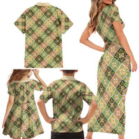 Seamless Pattern Puakenikeni and Kalo Family Matching Short Sleeve Bodycon Dress and Hawaiian Shirt - Polynesian Pride