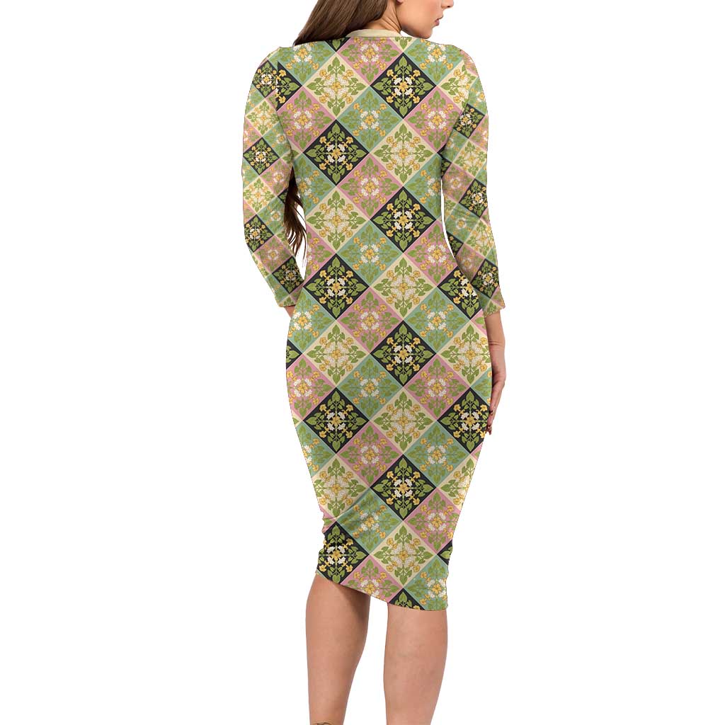 Seamless Pattern Puakenikeni and Kalo Long Sleeve Bodycon Dress - Polynesian Pride