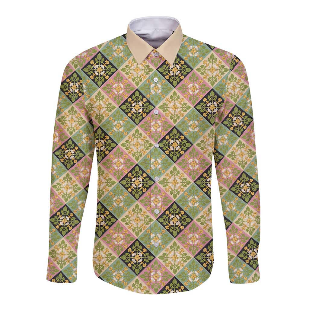 Seamless Pattern Puakenikeni and Kalo Long Sleeve Button Shirt - Polynesian Pride