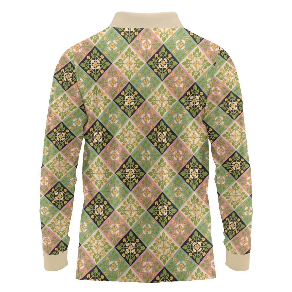 Seamless Pattern Puakenikeni and Kalo Long Sleeve Polo Shirt - Polynesian Pride