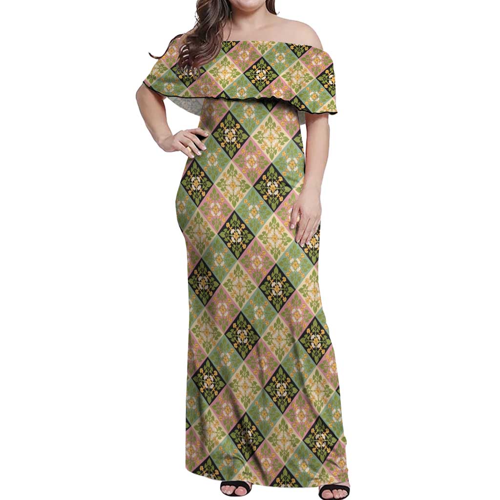 Seamless Pattern Puakenikeni and Kalo Off Shoulder Maxi Dress - Polynesian Pride