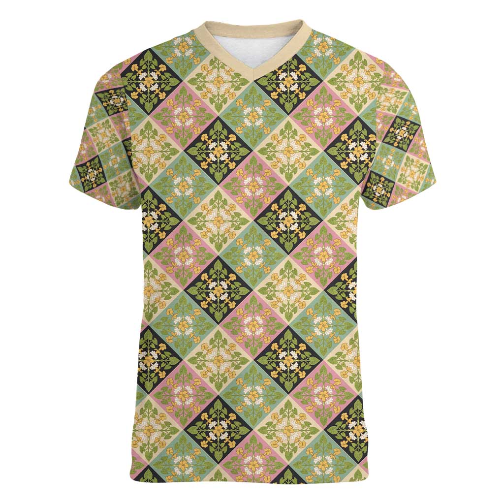 Seamless Pattern Puakenikeni and Kalo Women V-Neck T-Shirt LT9 Female Beige - Polynesian Pride