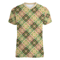 Seamless Pattern Puakenikeni and Kalo Women V-Neck T-Shirt LT9 Female Beige - Polynesian Pride