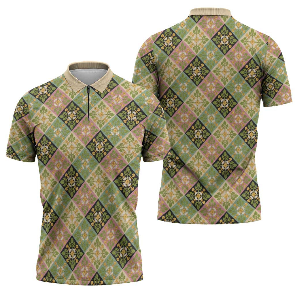 Seamless Pattern Puakenikeni and Kalo Zipper Polo Shirt - Polynesian Pride