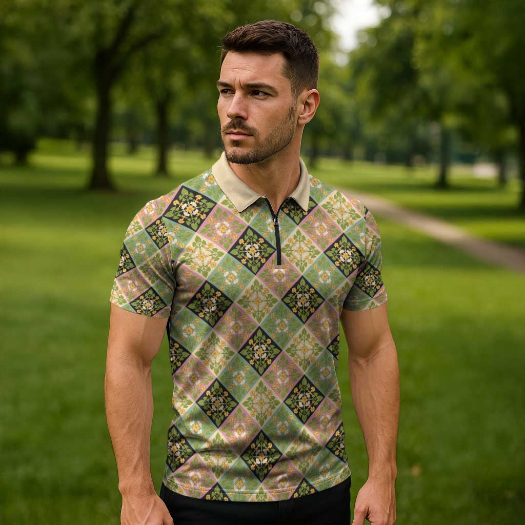 Seamless Pattern Puakenikeni and Kalo Zipper Polo Shirt - Polynesian Pride