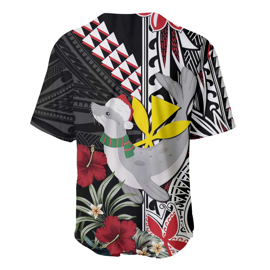 Hawaii Monk Seal Santa Baseball Jersey Hibiscus Kakau Pattern Mele Kalikimaka LT9 - Polynesian Pride