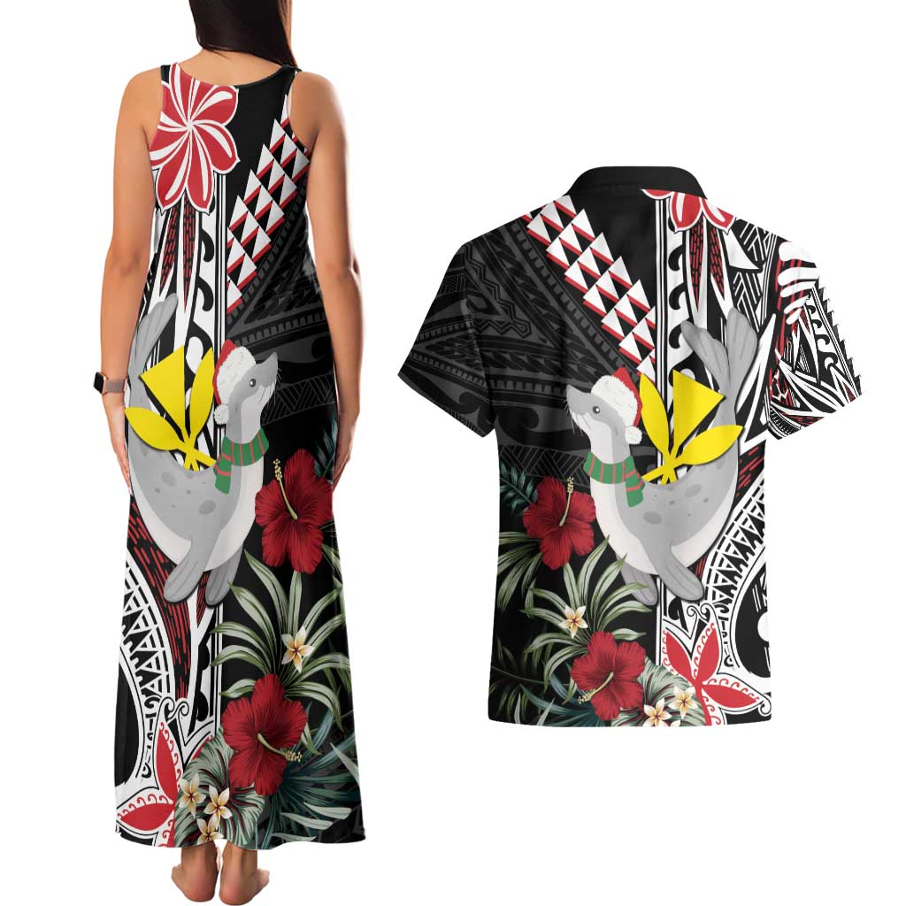 Hawaii Monk Seal Santa Couples Matching Tank Maxi Dress and Hawaiian Shirt Hibiscus Kakau Pattern Mele Kalikimaka