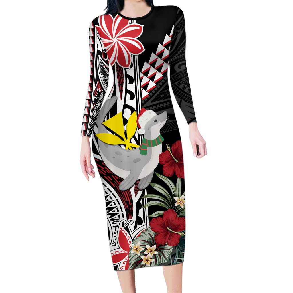Hawaii Monk Seal Santa Family Matching Long Sleeve Bodycon Dress and Hawaiian Shirt Hibiscus Kakau Pattern Mele Kalikimaka