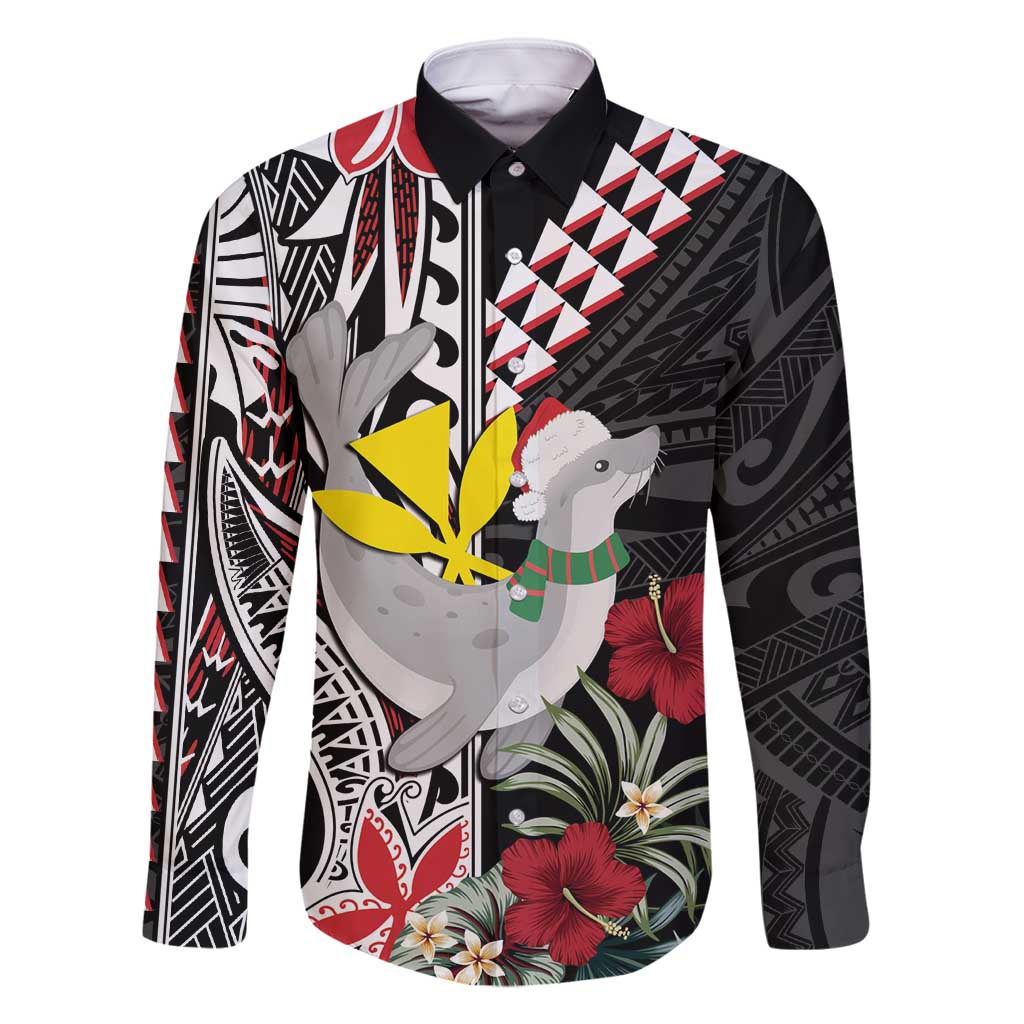 Hawaii Monk Seal Santa Family Matching Mermaid Dress and Hawaiian Shirt Hibiscus Kakau Pattern Mele Kalikimaka LT9 Dad's Shirt - Long Sleeve Black - Polynesian Pride