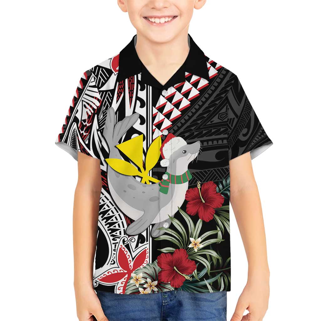 Hawaii Monk Seal Santa Family Matching Puletasi and Hawaiian Shirt Hibiscus Kakau Pattern Mele Kalikimaka
