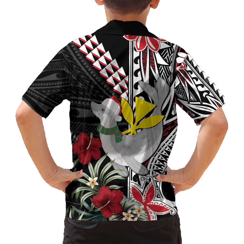 Hawaii Monk Seal Santa Family Matching Tank Maxi Dress and Hawaiian Shirt Hibiscus Kakau Pattern Mele Kalikimaka LT9 - Polynesian Pride