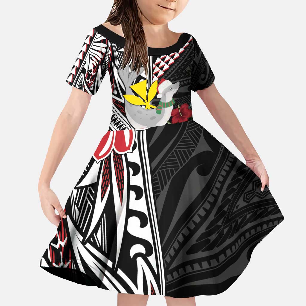 Hawaii Monk Seal Santa Family Matching Tank Maxi Dress and Hawaiian Shirt Hibiscus Kakau Pattern Mele Kalikimaka LT9 Daughter's Dress Black - Polynesian Pride