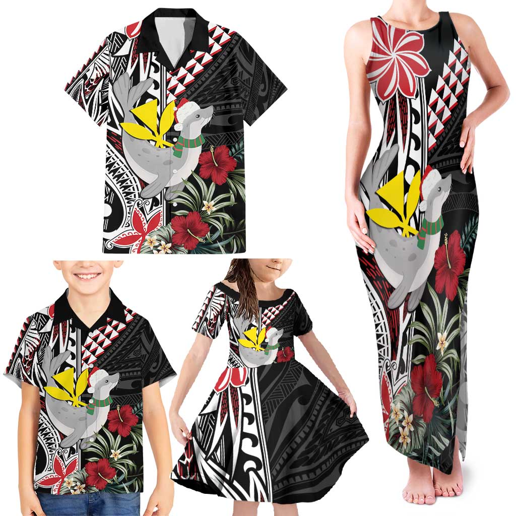 Hawaii Monk Seal Santa Family Matching Tank Maxi Dress and Hawaiian Shirt Hibiscus Kakau Pattern Mele Kalikimaka