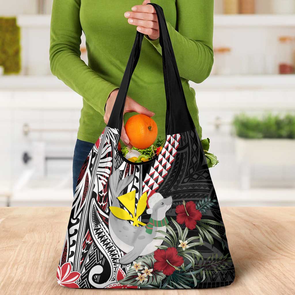Hawaii Monk Seal Santa Grocery Bag Hibiscus Kakau Pattern Mele Kalikimaka