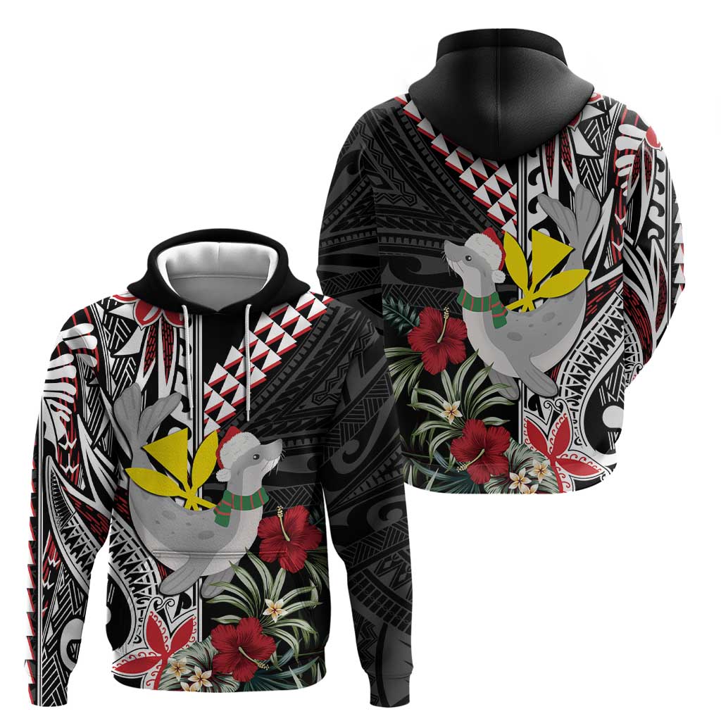 Hawaii Monk Seal Santa Hoodie Hibiscus Kakau Pattern Mele Kalikimaka