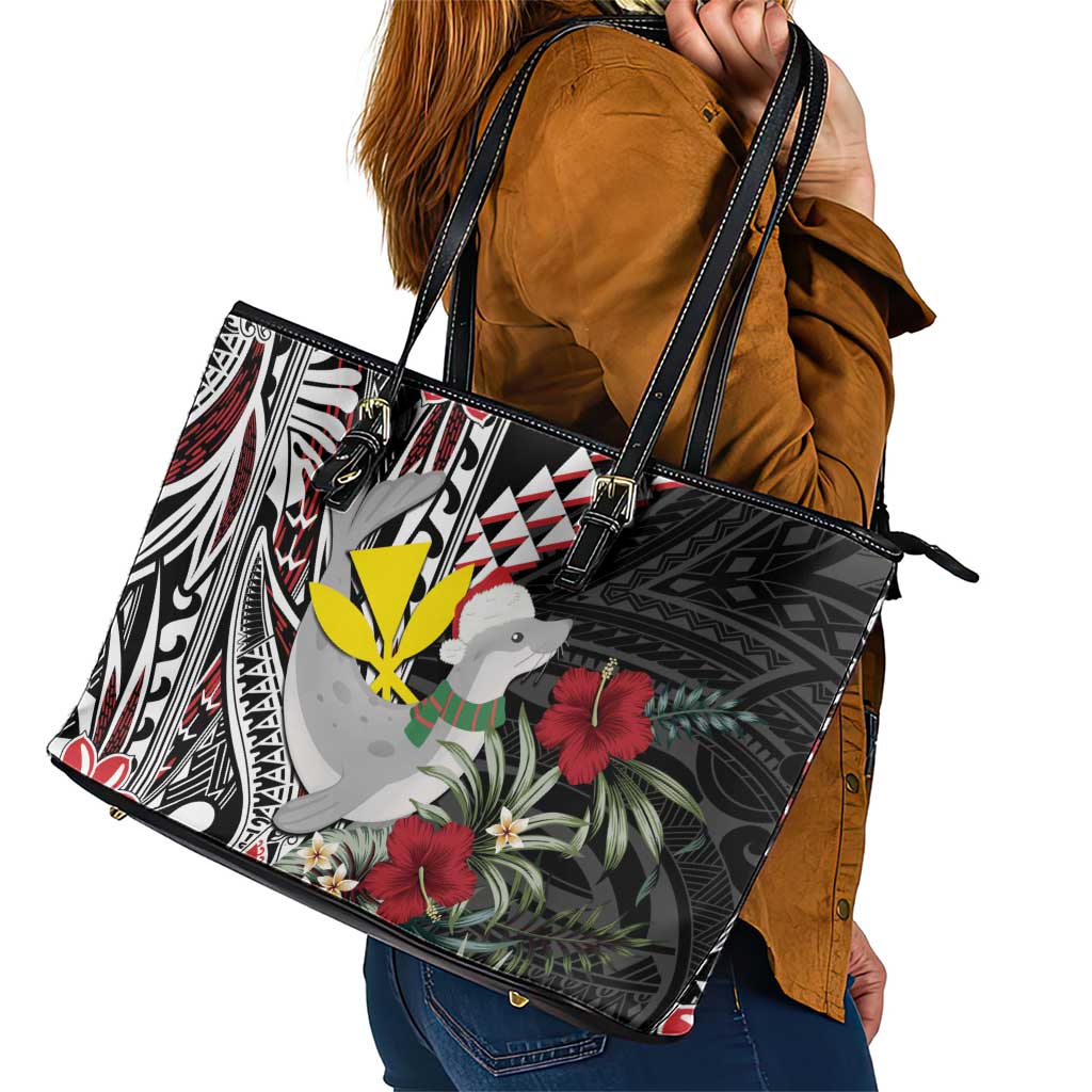 Hawaii Monk Seal Santa Leather Tote Bag Hibiscus Kakau Pattern Mele Kalikimaka
