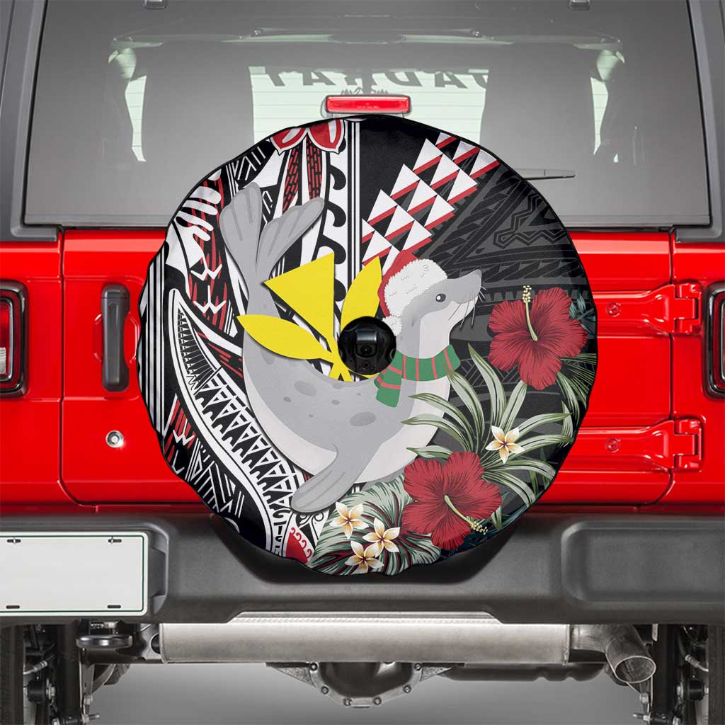 Hawaii Monk Seal Santa Spare Tire Cover Hibiscus Kakau Pattern Mele Kalikimaka