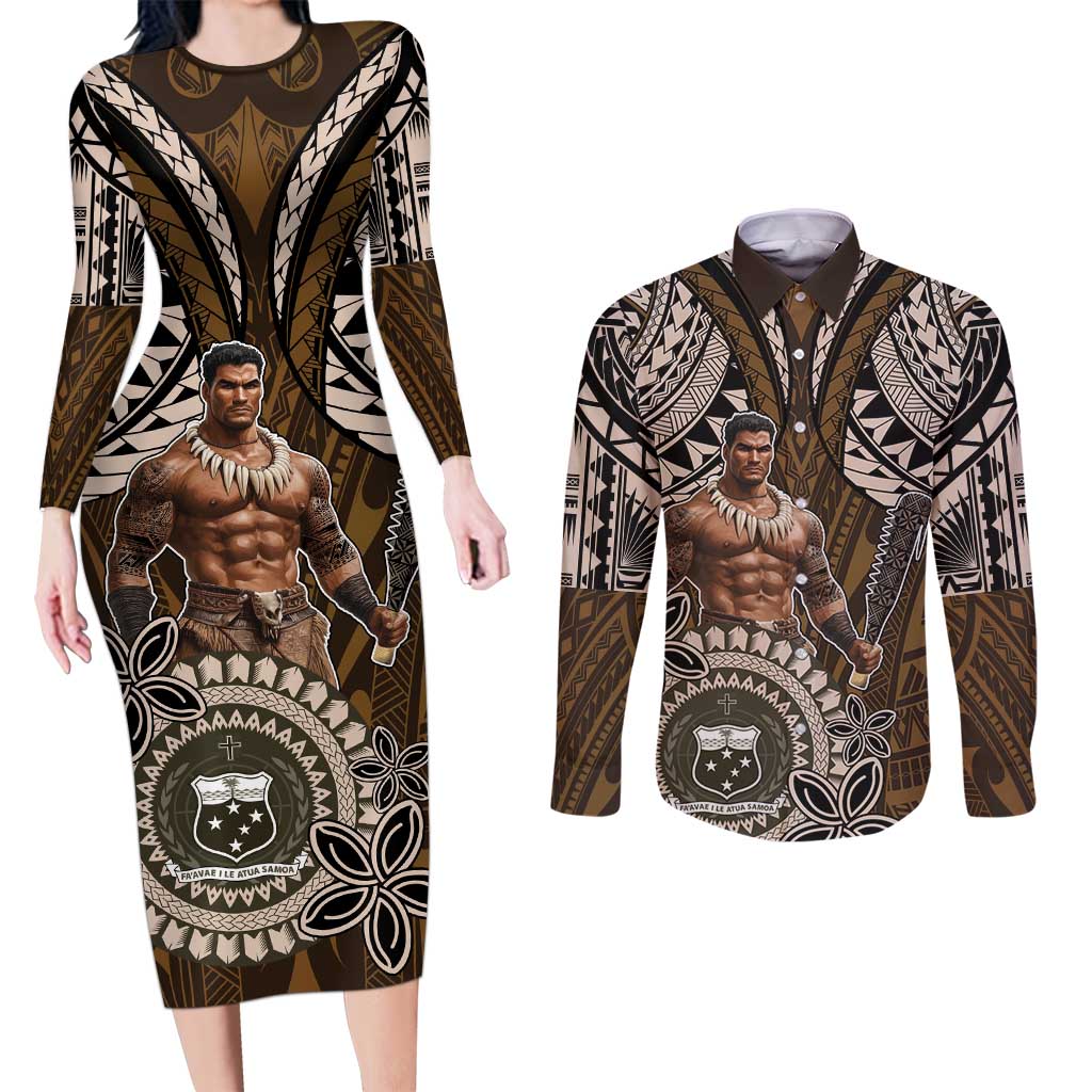 Samoa Warrior Couples Matching Long Sleeve Bodycon Dress and Long Sleeve Button Shirt The Mighty Samoan Warrior Spirit LT9 Black - Polynesian Pride