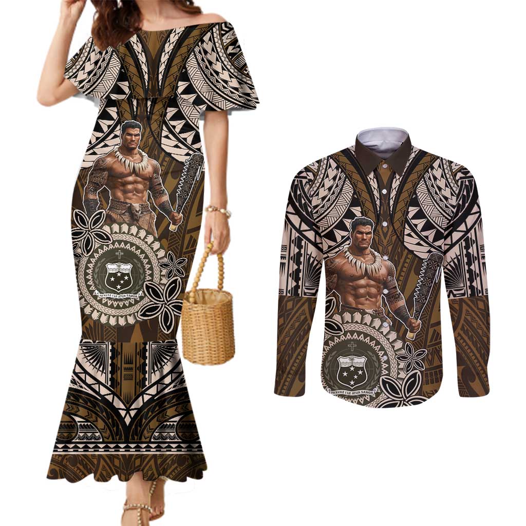 Samoa Warrior Couples Matching Mermaid Dress and Long Sleeve Button Shirt The Mighty Samoan Warrior Spirit LT9 Black - Polynesian Pride