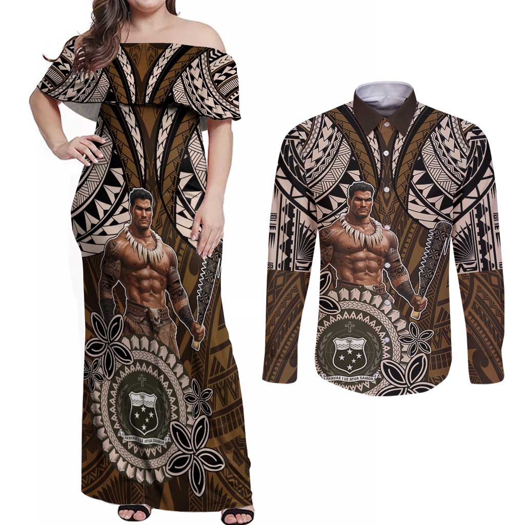 Samoa Warrior Couples Matching Off Shoulder Maxi Dress and Long Sleeve Button Shirt The Mighty Samoan Warrior Spirit LT9 Black - Polynesian Pride