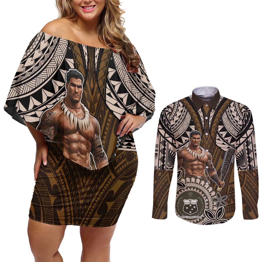 Samoa Warrior Couples Matching Off Shoulder Short Dress and Long Sleeve Button Shirt The Mighty Samoan Warrior Spirit LT9 Black - Polynesian Pride