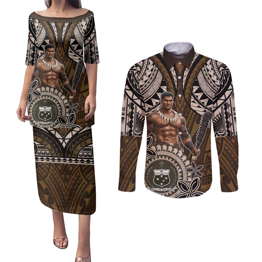 Samoa Warrior Couples Matching Puletasi and Long Sleeve Button Shirt The Mighty Samoan Warrior Spirit LT9 Black - Polynesian Pride