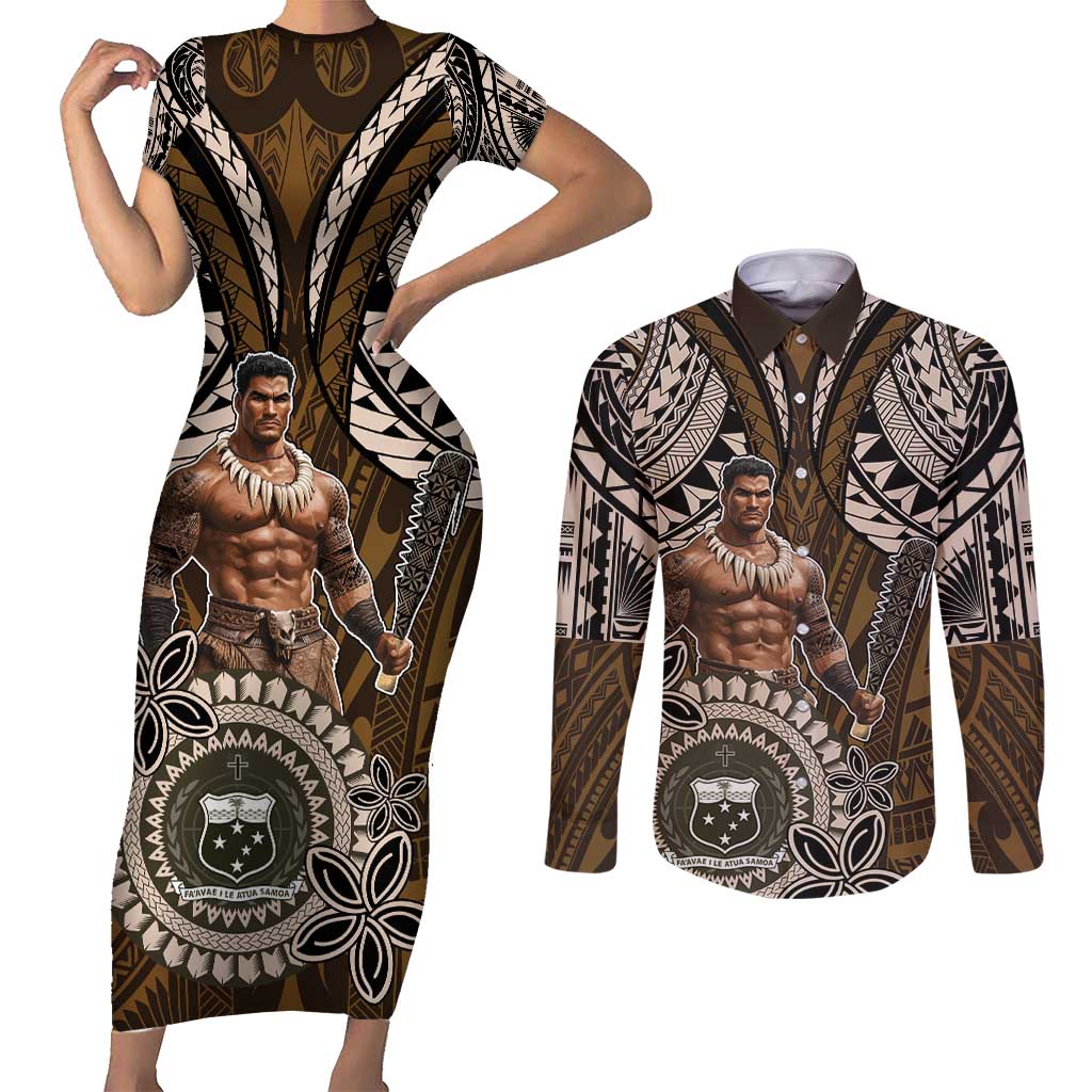 Samoa Warrior Couples Matching Short Sleeve Bodycon Dress and Long Sleeve Button Shirt The Mighty Samoan Warrior Spirit LT9 Black - Polynesian Pride