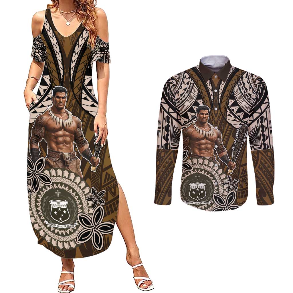 Samoa Warrior Couples Matching Summer Maxi Dress and Long Sleeve Button Shirt The Mighty Samoan Warrior Spirit LT9 Black - Polynesian Pride