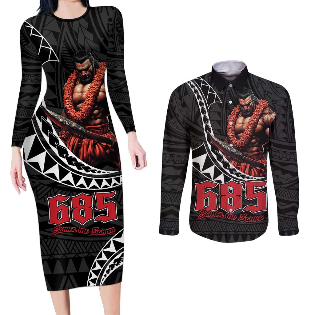 Samoan Pride Polynesian Tribal Warrior Couples Matching Long Sleeve Bodycon Dress and Long Sleeve Button Shirt 685 Samoa Mo Samoa LT9 Black - Polynesian Pride