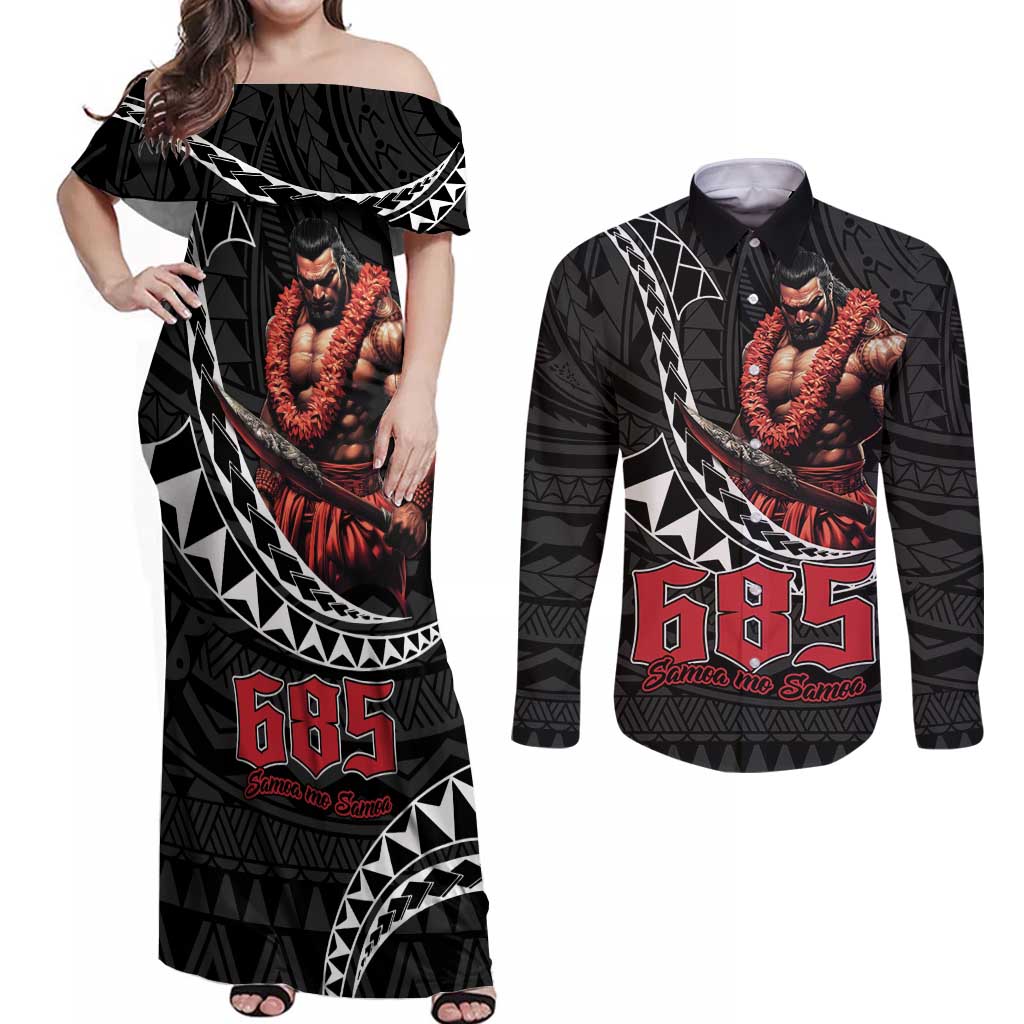 Samoan Pride Polynesian Tribal Warrior Couples Matching Off Shoulder Maxi Dress and Long Sleeve Button Shirt 685 Samoa Mo Samoa LT9 Black - Polynesian Pride