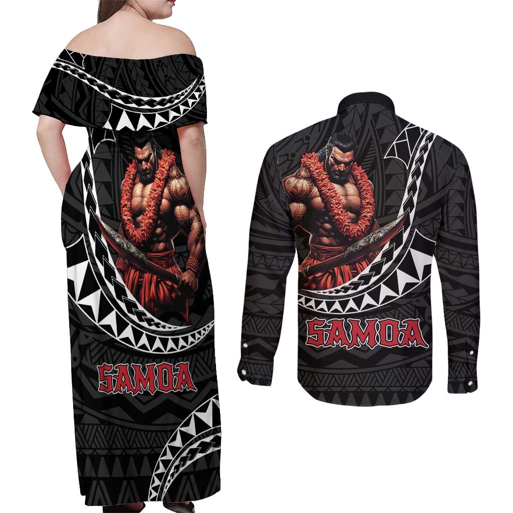 Samoan Pride Polynesian Tribal Warrior Couples Matching Off Shoulder Maxi Dress and Long Sleeve Button Shirt 685 Samoa Mo Samoa