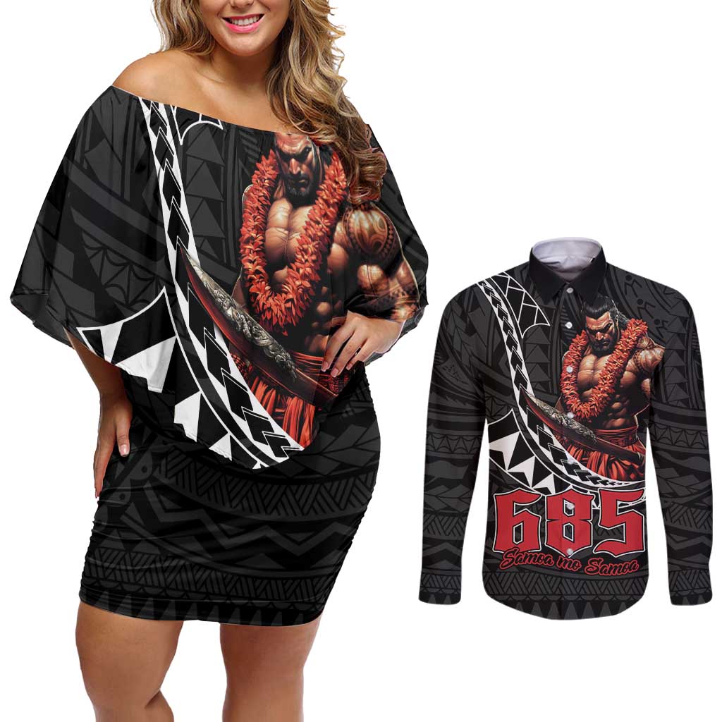 Samoan Pride Polynesian Tribal Warrior Couples Matching Off Shoulder Short Dress and Long Sleeve Button Shirt 685 Samoa Mo Samoa LT9 Black - Polynesian Pride
