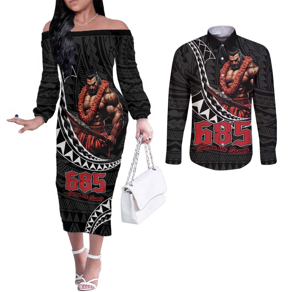 Samoan Pride Polynesian Tribal Warrior Couples Matching Off The Shoulder Long Sleeve Dress and Long Sleeve Button Shirt 685 Samoa Mo Samoa LT9 Black - Polynesian Pride