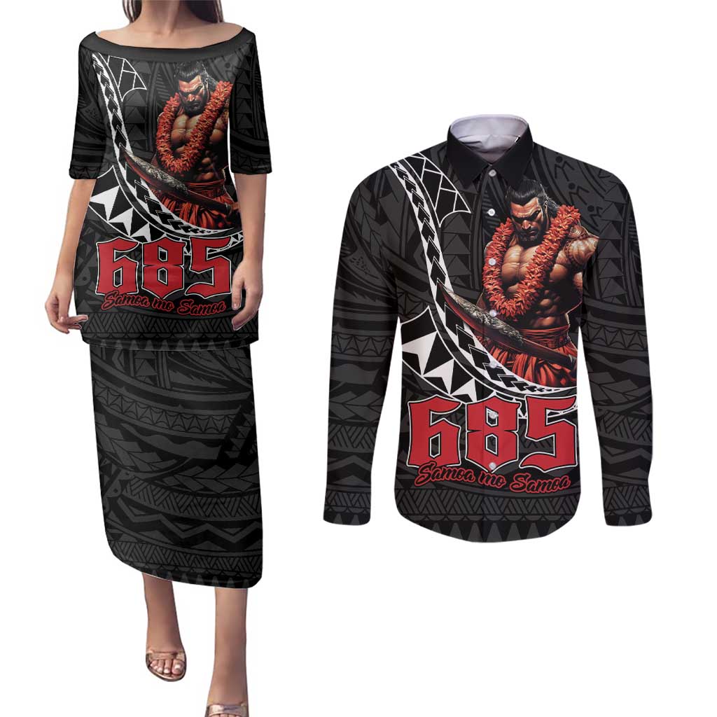 Samoan Pride Polynesian Tribal Warrior Couples Matching Puletasi and Long Sleeve Button Shirt 685 Samoa Mo Samoa LT9 Black - Polynesian Pride
